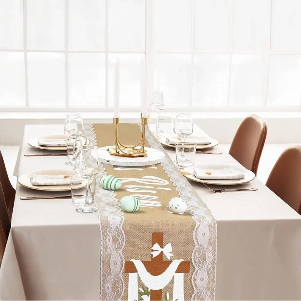 Easter Burlap and Lace Table Runner NWT